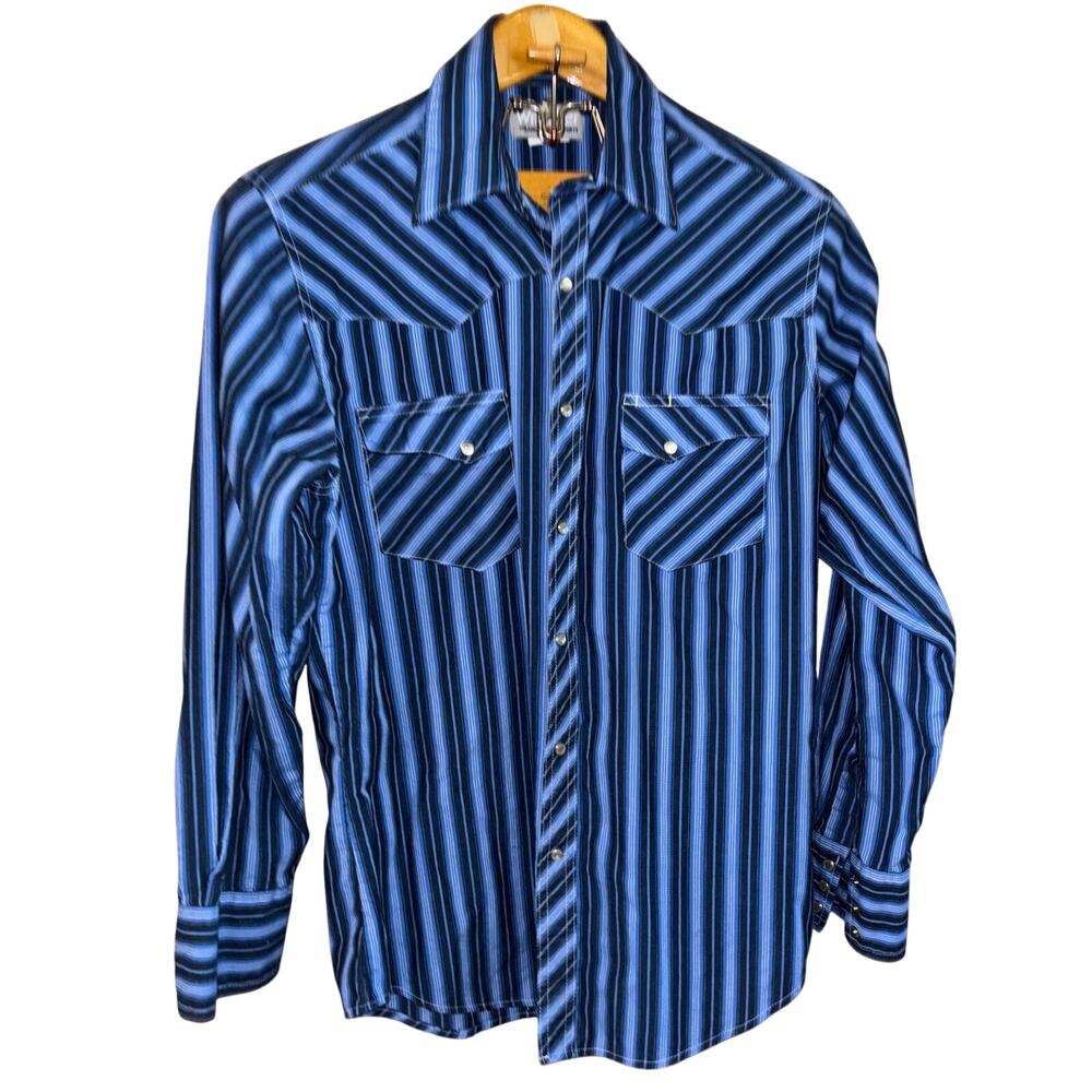 Vintage Wrangler Wrancher men’s shirt blue stripe long sleeve pearl snap medium